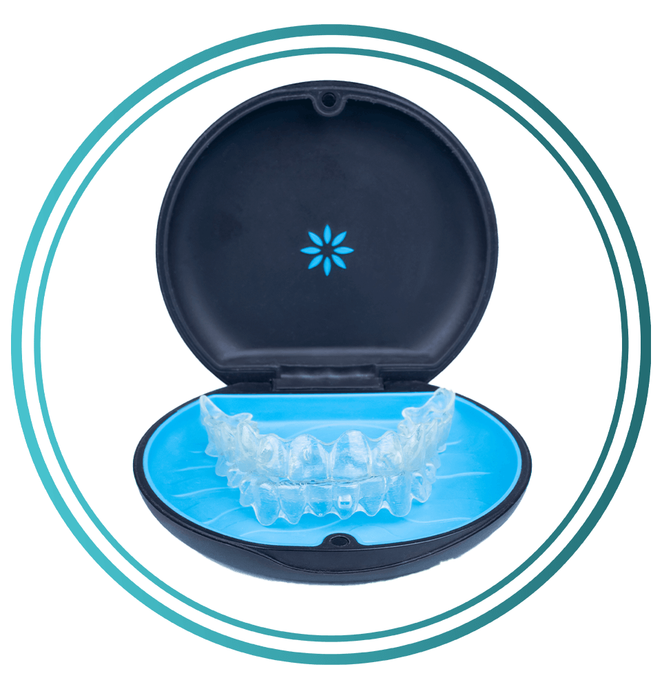 solated container with transparent aligner retainers or removable braces on white background