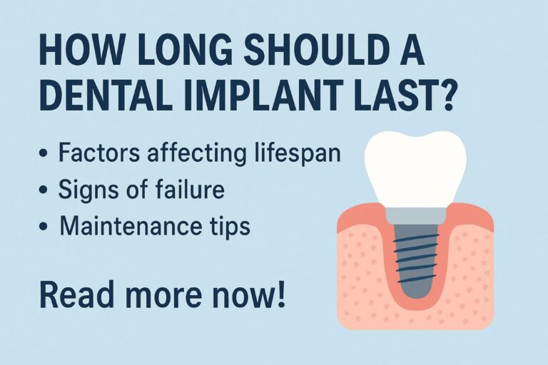 A dentist is pointing to a dental implant x-ray and discussing the longevity of the dental implant with a patient. No text on image.