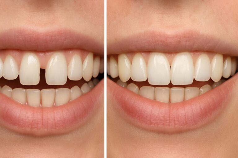 A before and after image of a patient who has had a single dental implant placed to fix a missing tooth. The before image should show a visible gap where the tooth is missing, and the after image should show a natural-looking implant in its place. No text on the image.