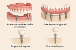Image showcasing the different types of denture implants: implant-retained removable overdentures, fixed implant-supported full-arch restorations (All-on-4), single-tooth implants supporting crowns, and mini dental implants. The graphic should visually represent each option with a brief description, with no text on the image.