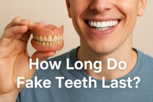 Image of a person smiling with a full set of healthy white teeth, contrasted with an older set of dentures in their hand. The text overlay says, "How Long Do Fake Teeth Last?".