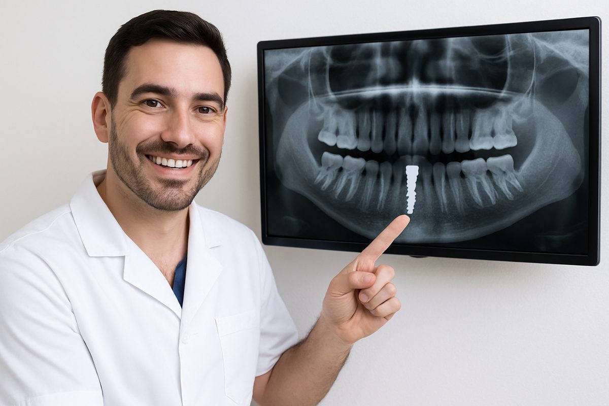 Image of a dentist smiling and pointing to a digital x-ray of a patient's mouth, highlighting a dental implant. The x-ray should show the implant integrated into the jawbone. No text on the image.