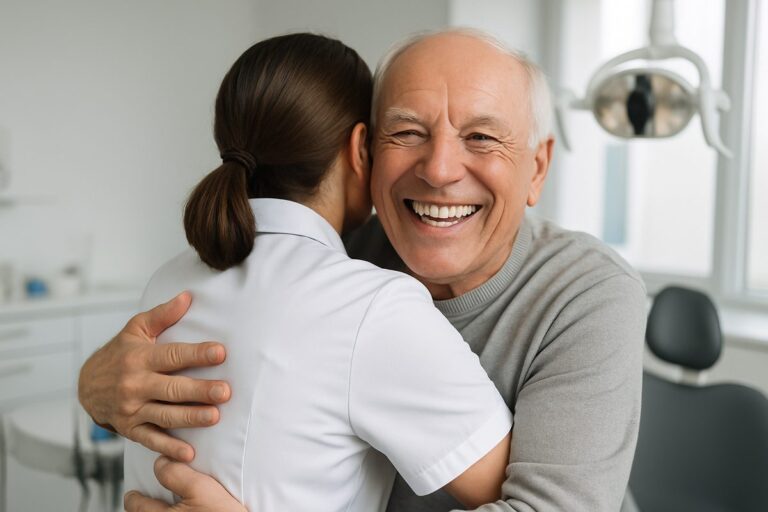 Photo of a smiling senior man with a full set of new, bright white teeth, hugging a dentist in a modern dental office. No text on the image.