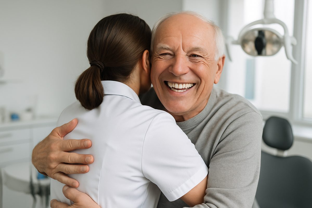 Photo of a smiling senior man with a full set of new, bright white teeth, hugging a dentist in a modern dental office. No text on the image.