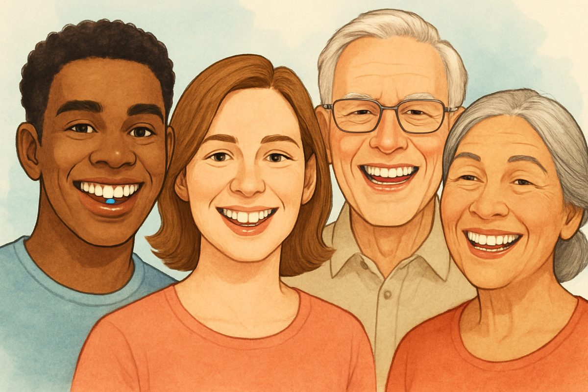 Illustration of a diverse group of people smiling, showcasing different tooth replacement options: dental implants, bridges, and dentures. No text on the image.