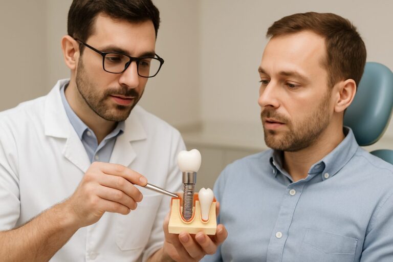 Image of a dentist showing a patient a model of a dental implant, pointing out the three main components: the implant, the abutment, and the crown. No text on image.