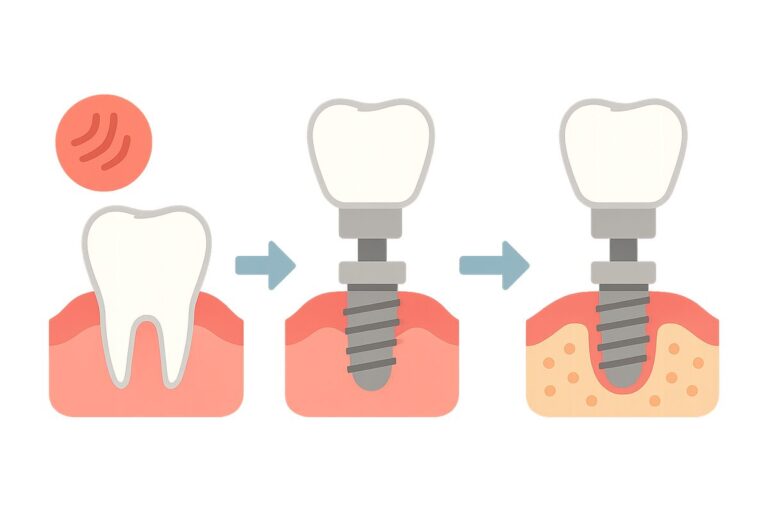 An infographic showing the timeline of dental implant recovery, with sections on immediate healing, early healing, and long-term integration. The graphic includes icons representing swelling, stitches, and bone fusion. No text on the image.