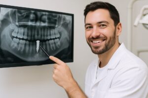 Photo of a dentist smiling and pointing to a digital x-ray on a screen showing a dental implant in a patient's jaw. No text on the image.