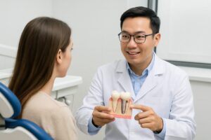 A dentist is consulting with a patient, pointing to a model of a dental implant to explain the dental implant definition. No text on image.