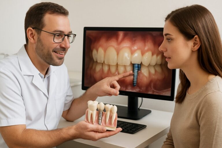 A dentist is consulting with a patient about dental implants, using a digital scan of the patient's mouth to show where the implant will be placed.