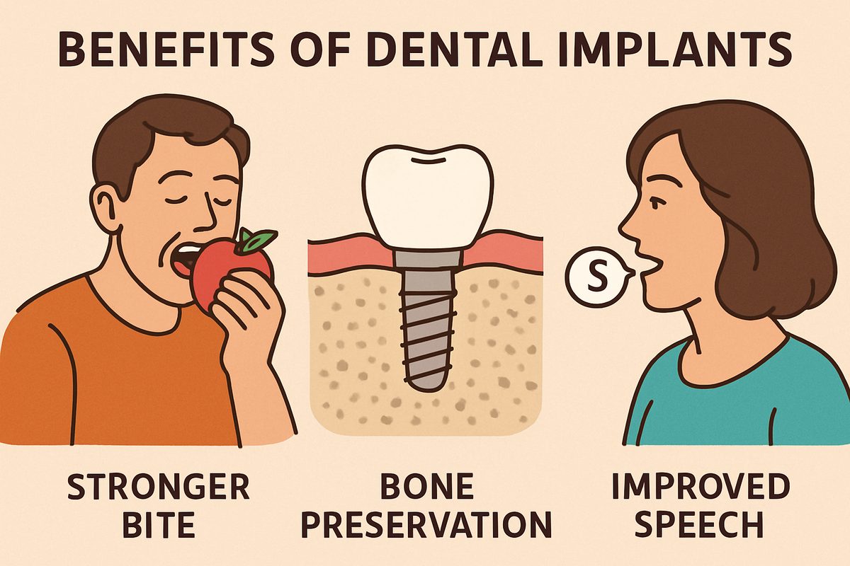 An illustration depicting the multiple benefits of dental implants, including a stronger bite represented by someone easily eating an apple, bone preservation shown through a healthy jawbone structure, and improved speech indicated by clear pronunciation.