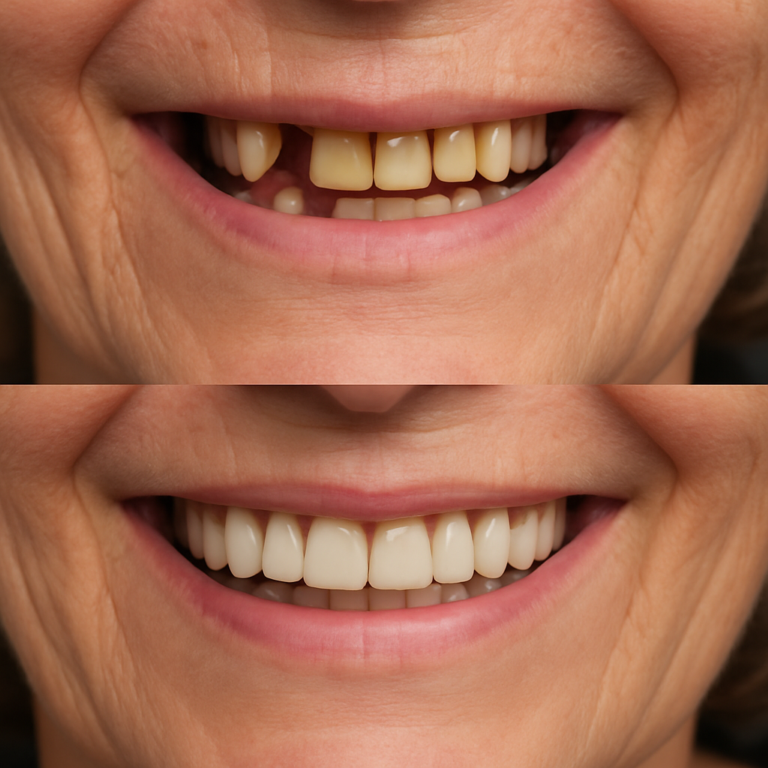 A before-and-after image showcasing a patient's smile transformation with dental implants, highlighting the natural look and improved functionality. No text on image.