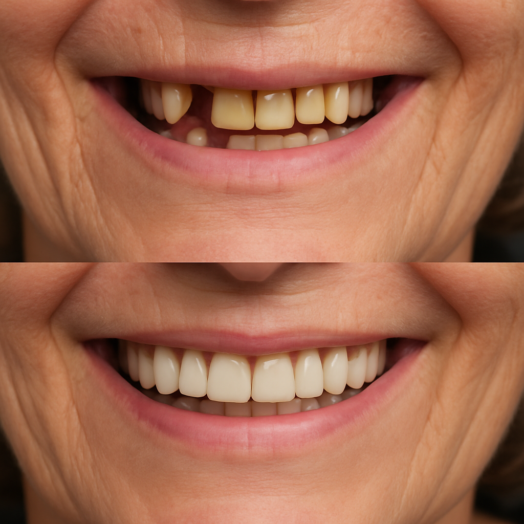 A before-and-after image showcasing a patient's smile transformation with dental implants, highlighting the natural look and improved functionality. No text on image.