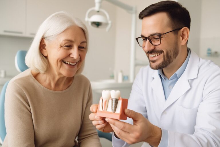 A smiling senior woman is talking to a male dentist in his office about dental implant options. The dentist is holding a dental implant model. The image should contain no text.