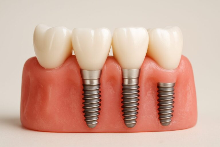 Close-up studio shot of a set of dental implants with pink "fake gums" attached, showcasing the realistic appearance of the prosthetic gingiva. No text on the image.