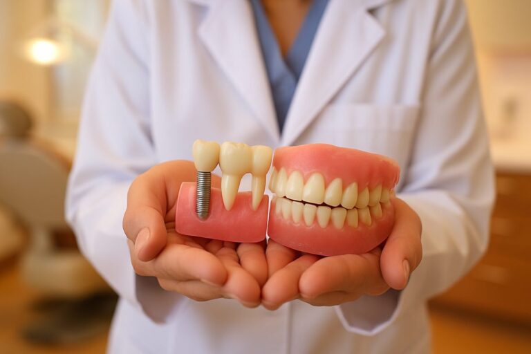Close up shot of a dentist holding a dental implant, bridge, and dentures in their hands, with a warm and inviting dental office in the background. No text on the image.