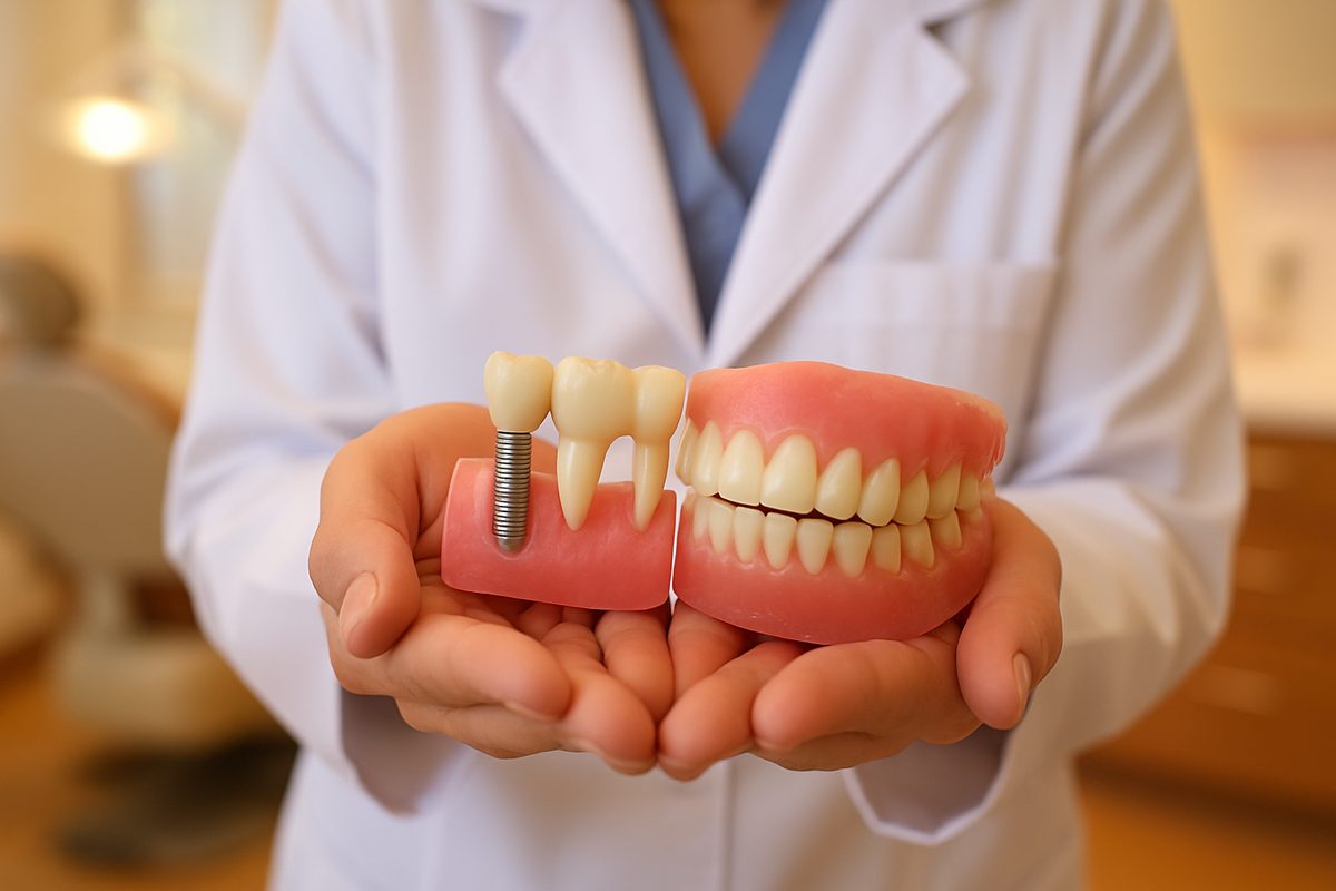 Close up shot of a dentist holding a dental implant, bridge, and dentures in their hands, with a warm and inviting dental office in the background. No text on the image.