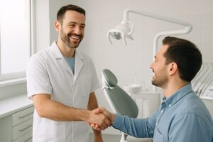A friendly dentist in Midwest City, OK, smiling and shaking hands with a new patient in a modern, clean dental office, showcasing trust and a welcoming atmosphere. No text on image.
