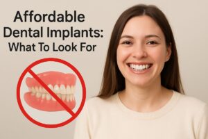 Photo of a smiling woman with dental implants, next to a crossed out image of dentures. Text on image says "Affordable Dental Implants: What To Look For".