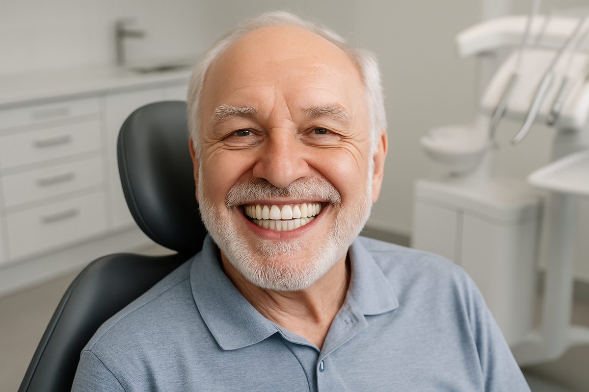 Image of a smiling senior man with a full set of dental implants, showcasing restored teeth and improved chewing function. The man is sitting in a modern dental office, smiling genuinely. No text on the image.