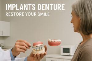 A dentist is explaining the implants denture procedure to a patient, pointing to a model of a jaw with implants supporting a denture. The text on the image says, "Implants Denture: Restore Your Smile."