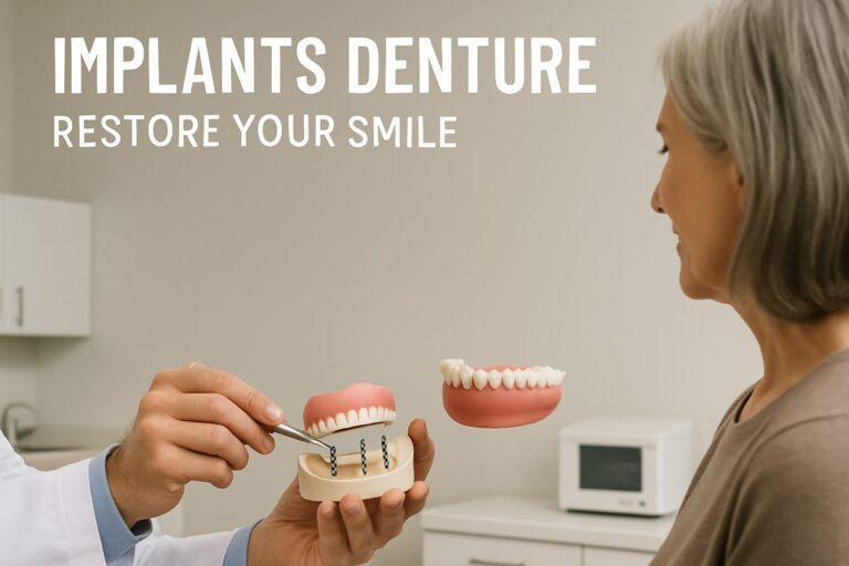 A dentist is explaining the implants denture procedure to a patient, pointing to a model of a jaw with implants supporting a denture. The text on the image says, "Implants Denture: Restore Your Smile."