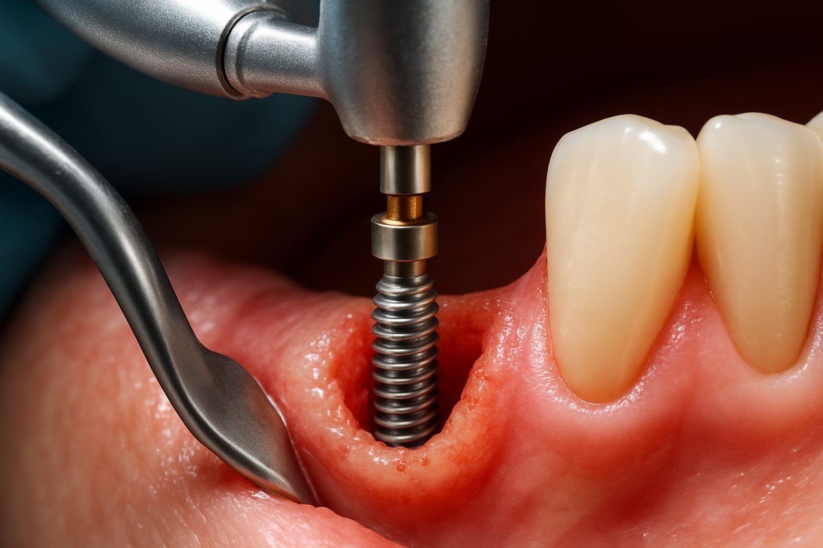 A close-up image showcasing a dental implant being placed into a patient's jawbone, highlighting the precision and care involved in the procedure. No text on image.