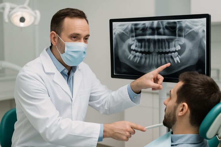 A dentist is pointing to a digital x-ray of a patient's mouth, highlighting the area where a tooth extraction implant may be needed. The image should convey a modern dental office setting with the dentist explaining the procedure to the patient. No text on image.