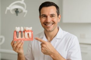 A dentist is smiling and pointing to a 3D model of a patient's mouth, showcasing potential teeth replacement options like implants and dentures. No text on image.