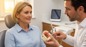 Dentist and patient discussing dental implants for dentures in a modern dental office