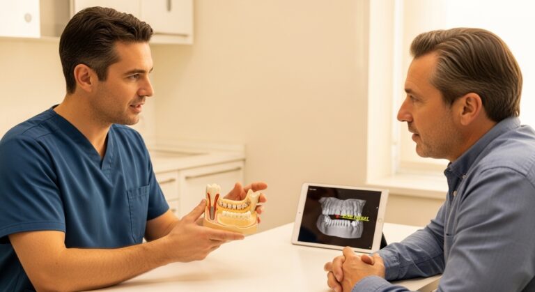 Dentist explaining bone grafting for implants to a patient in a modern office.