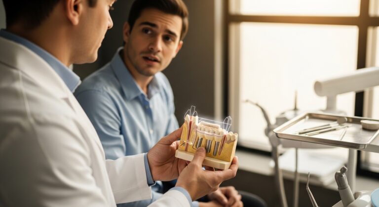 Dentist consulting with a patient about implant bone grafting.