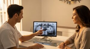 Dentist consulting a patient about root canal treatment in modern office