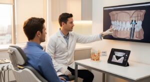 Dentist consultation about dental implants in a modern dental office.