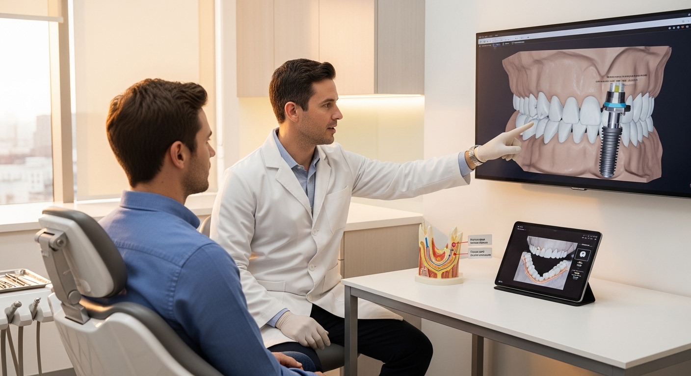 Dentist consultation about dental implants in a modern dental office.