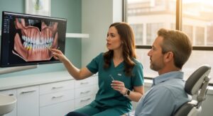 Dentist and patient discussing dental implant options in a modern office