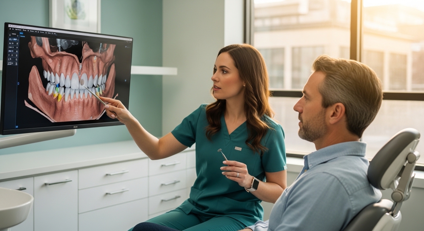 Dentist and patient discussing dental implant options in a modern office