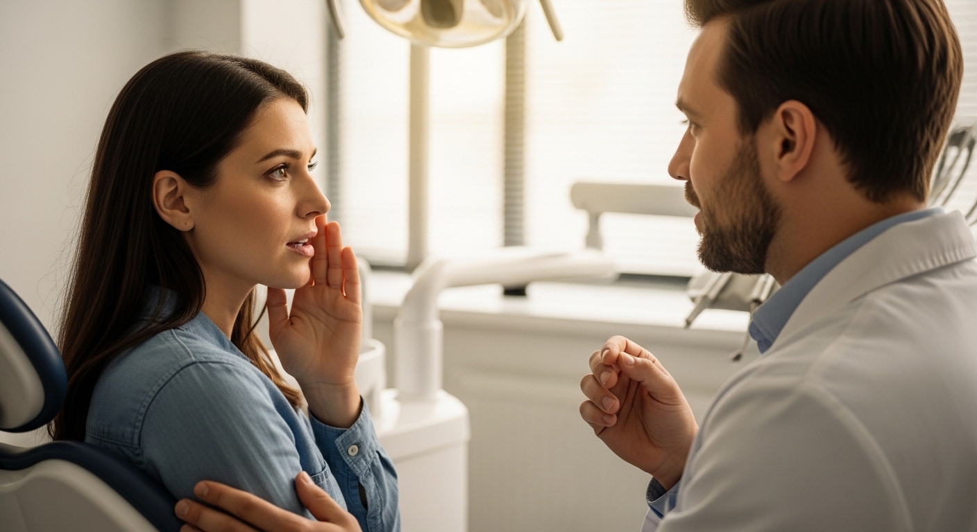Patient and dentist discussing bad breath remedies in a modern dental office