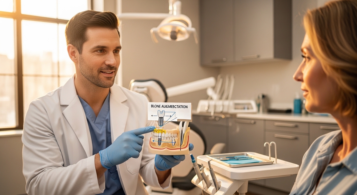 Dentist explaining bone augmentation procedure to a patient