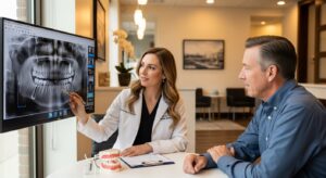 Dentist consulting with a patient about full arch dental implants