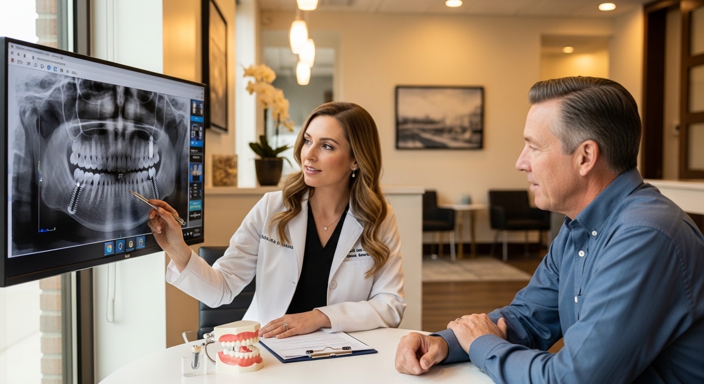 Dentist consulting with a patient about full arch dental implants