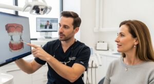 Patient and dentist discussing dental implants in a modern office
