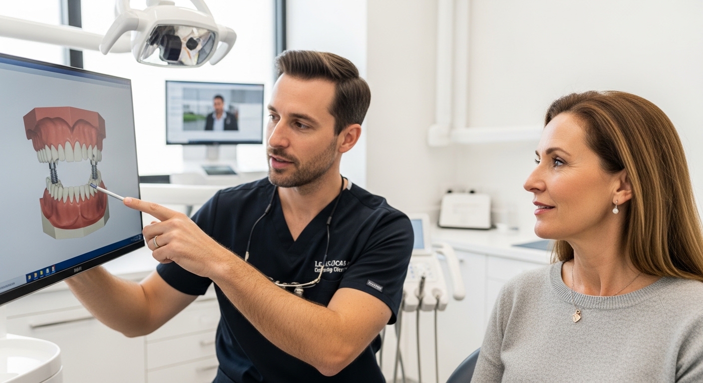Patient and dentist discussing dental implants in a modern office