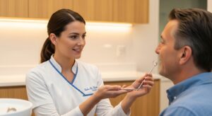 Dentist consulting a patient in modern dental office