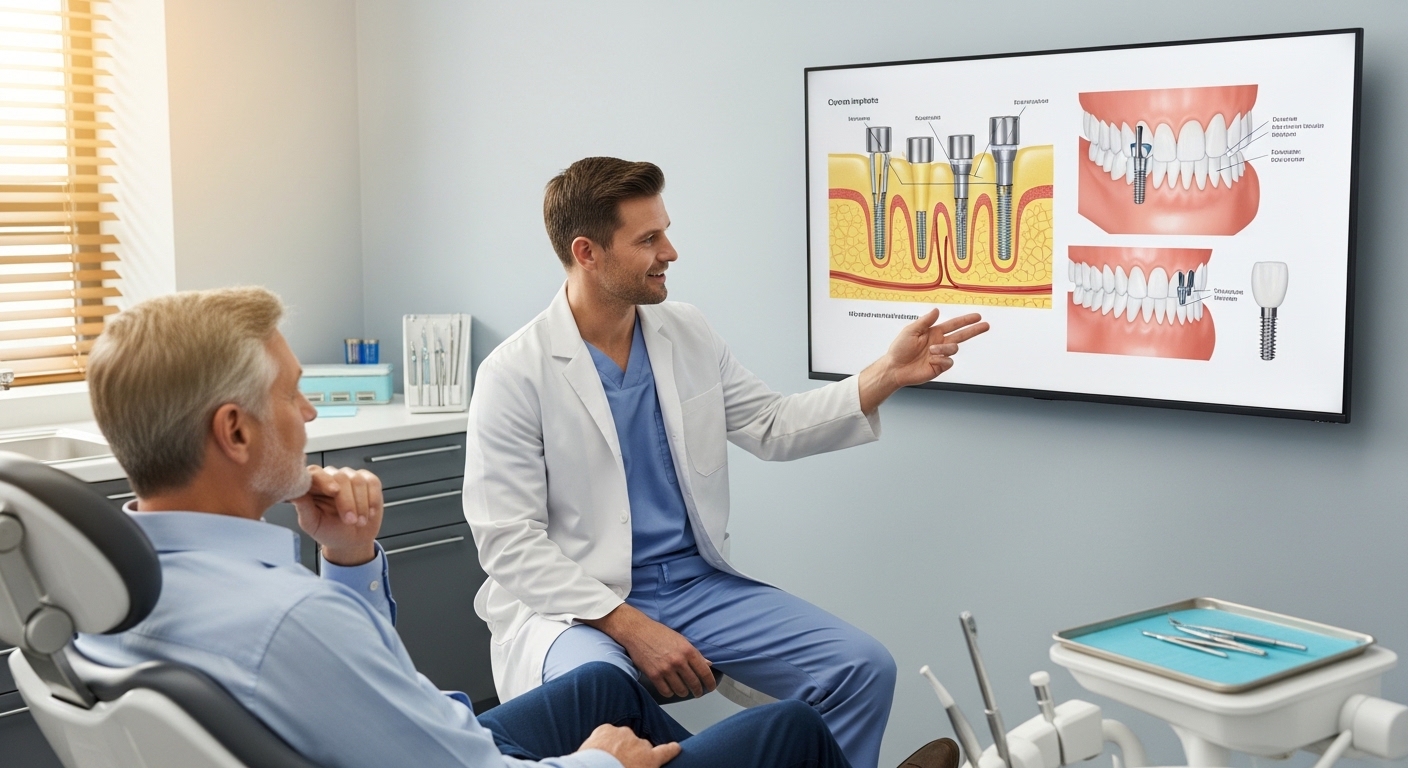 Dentist explaining denture implants to a patient in a modern office