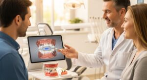 Dentist explaining whole set of teeth implants to a patient.