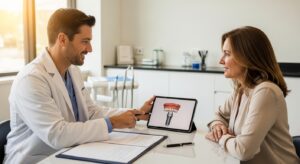 Dentist and patient discussing full set of teeth implants in a modern dental office