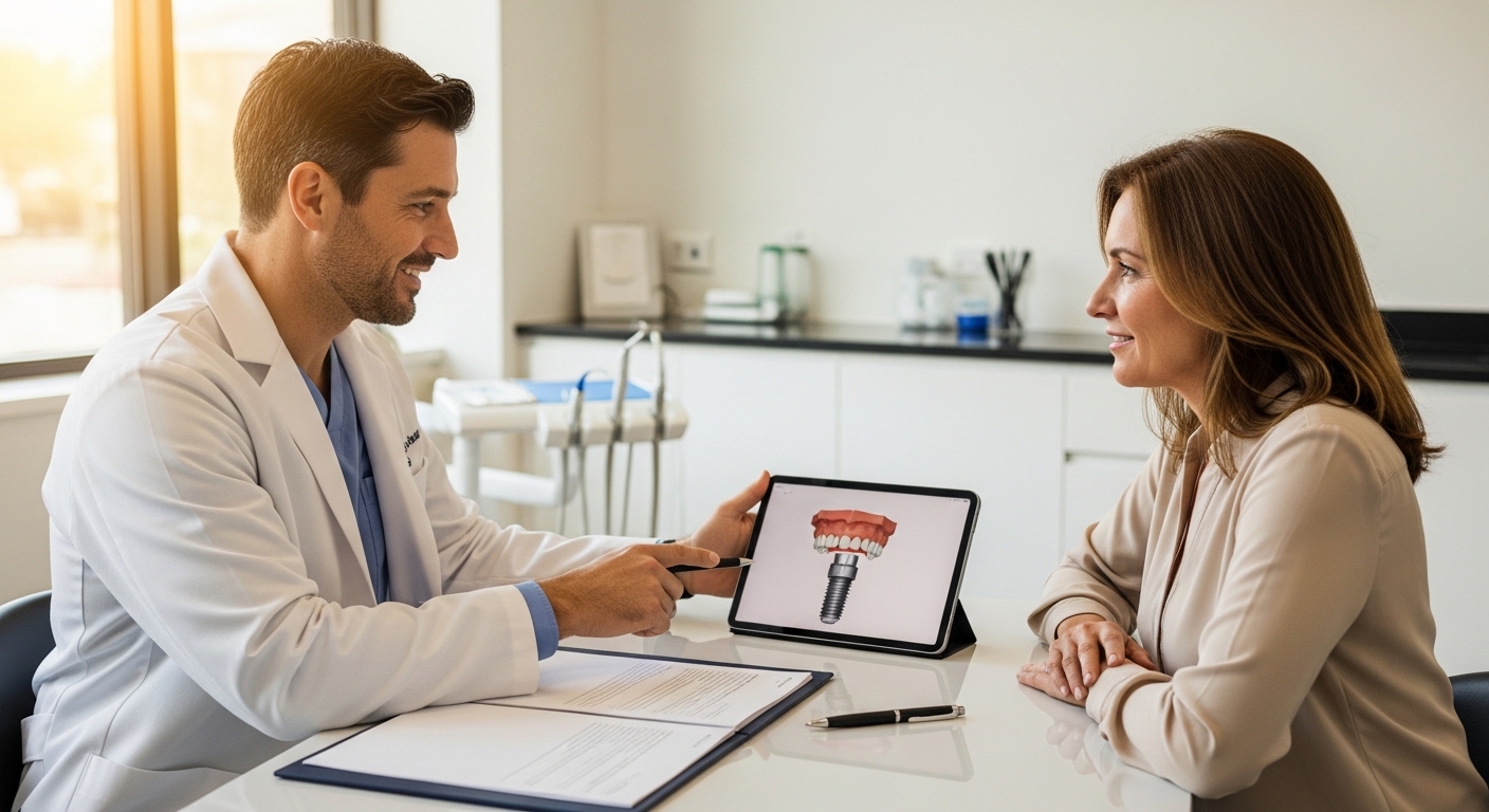 Dentist and patient discussing full set of teeth implants in a modern dental office