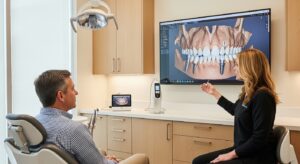 Patient consultation with digital technology in a modern dental clinic.