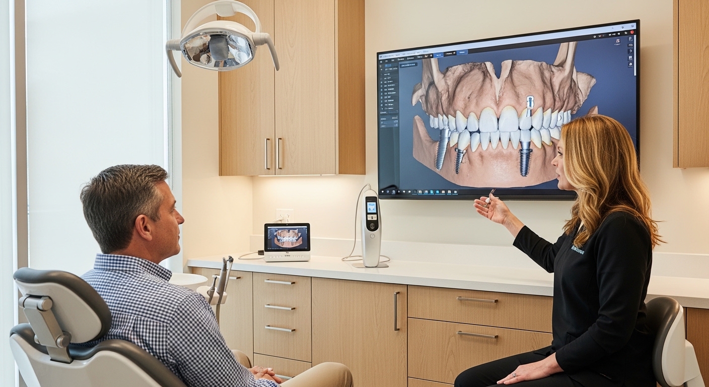 Patient consultation with digital technology in a modern dental clinic.